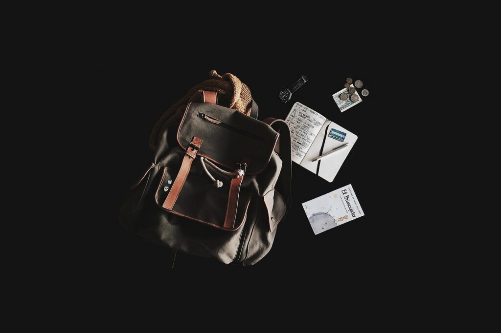 rygsæk, bog, rejsetaske, notesbog, backpacking, indhold, rejse, tur, flat lay, studiefotografi, stilleben, rygsæk, rygsæk, rygsæk, rygsæk, rygsæk