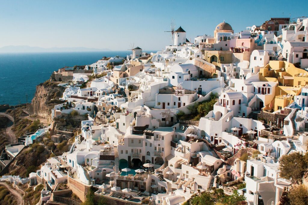 Santorini, natur, Grækenland, bygninger, huse, by, landsby, arkitektur, græsk arkitektur, Oia, Middelhavet, Kykladerne, storby, Europa, turisme, Det Ægæiske Hav, rejsemål, caldera, design, græsk, hav
