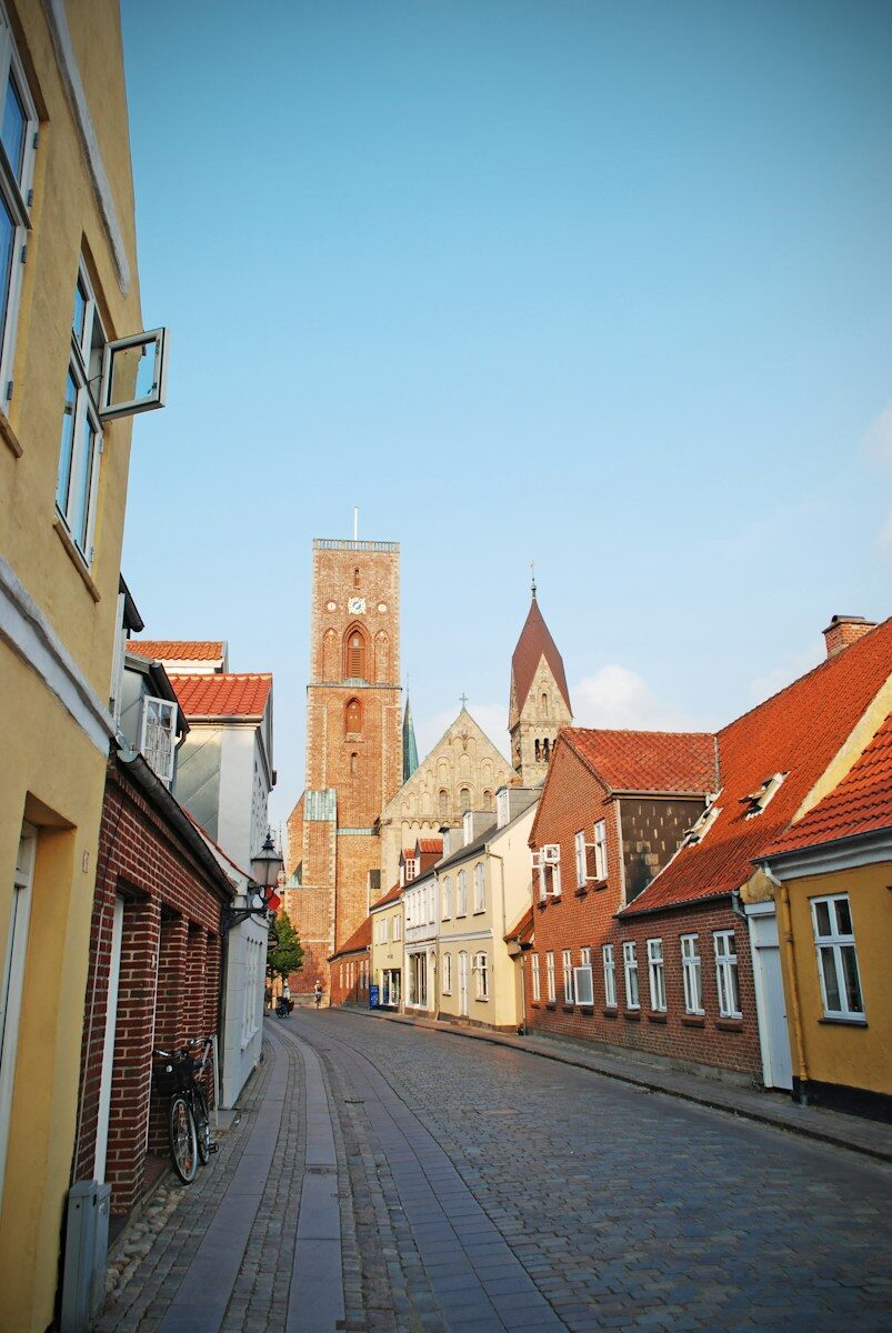 Brostensgade med farvede huse og Ribe Domkirke i baggrunden